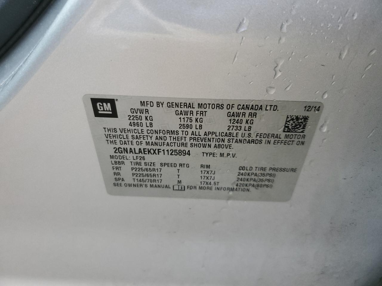 2015 Chevrolet Equinox VIN 2GNALAEKXF1125894 Copart auction photo, front end / side damage thumbnail 13