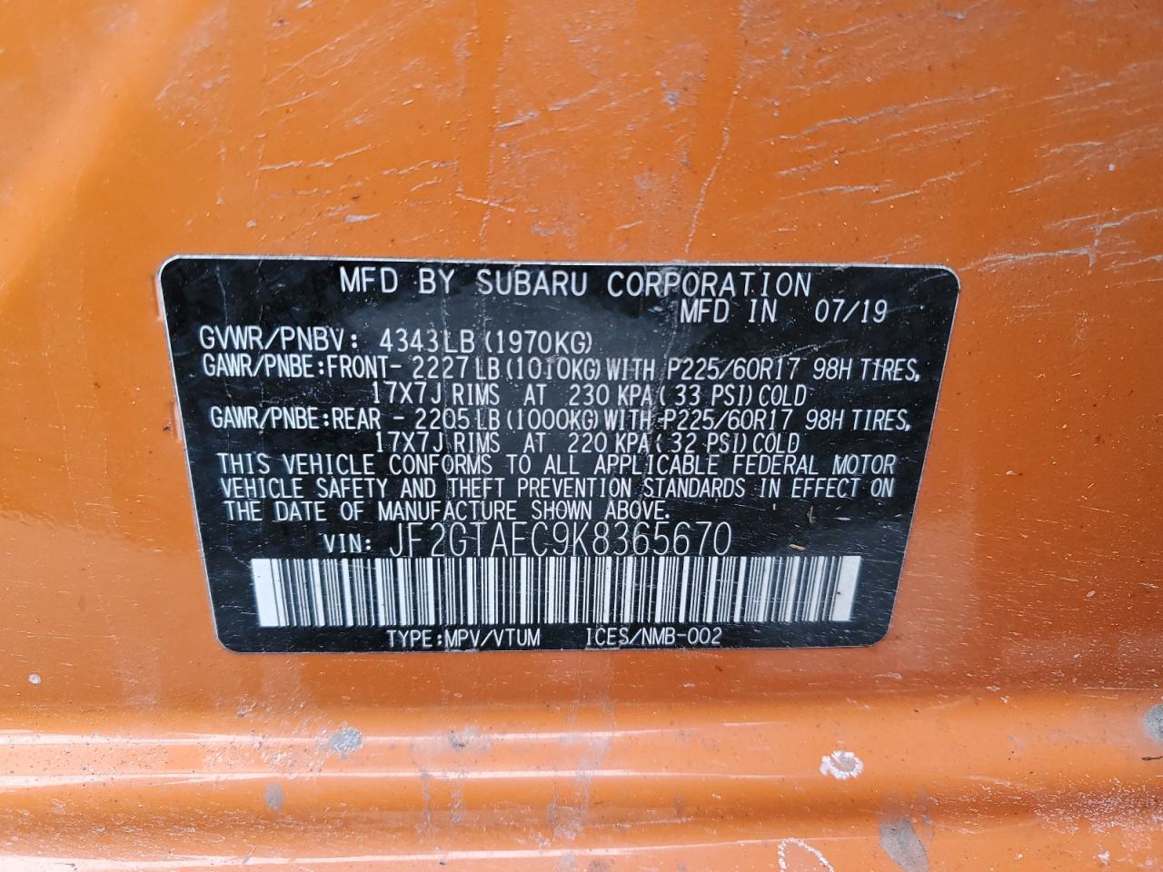 2019 Subaru XV VIN JF2GTAEC9K8365670 Copart auction photo, front end damage thumbnail 15
