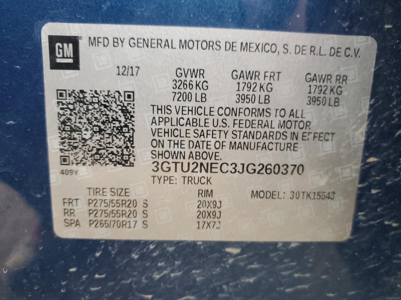 2018 GMC Sierra VIN 3GTU2NEC3JG260370 Copart auction photo, front end / rear end damage thumbnail 14