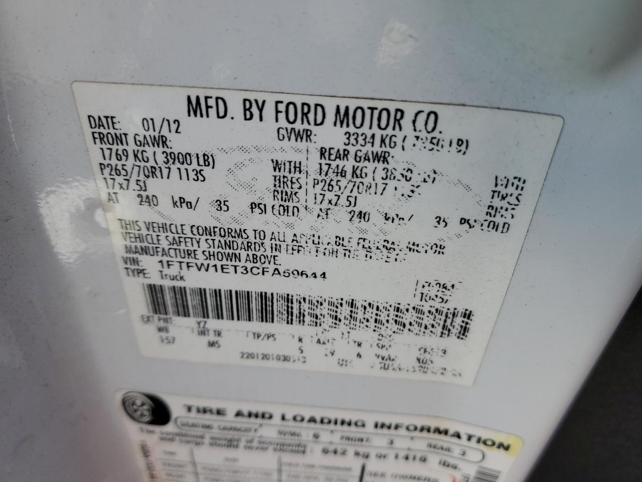 2012 Ford F-150 VIN 1FTFW1ET3CFA59644 Copart auction photo, side damage thumbnail 12