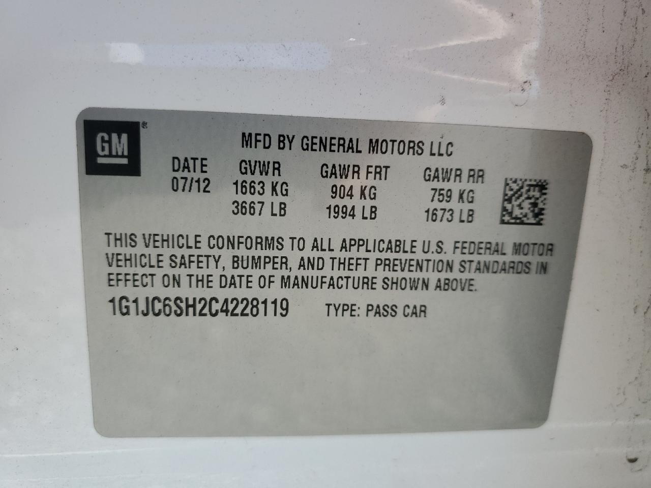 2012 Chevrolet Sonic VIN 1G1JC6SH2C4228119 Copart auction photo, side / rear end damage thumbnail 12