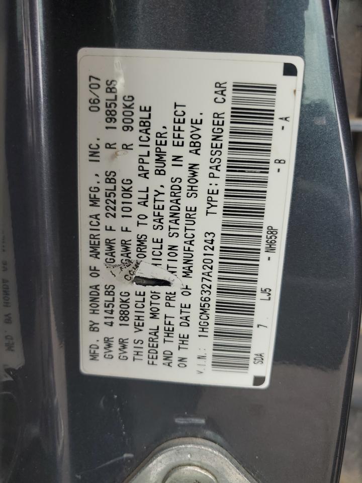 2007 Honda Accord VIN 1HGCM56327A201243 Copart auction photo, rear end damage thumbnail 12