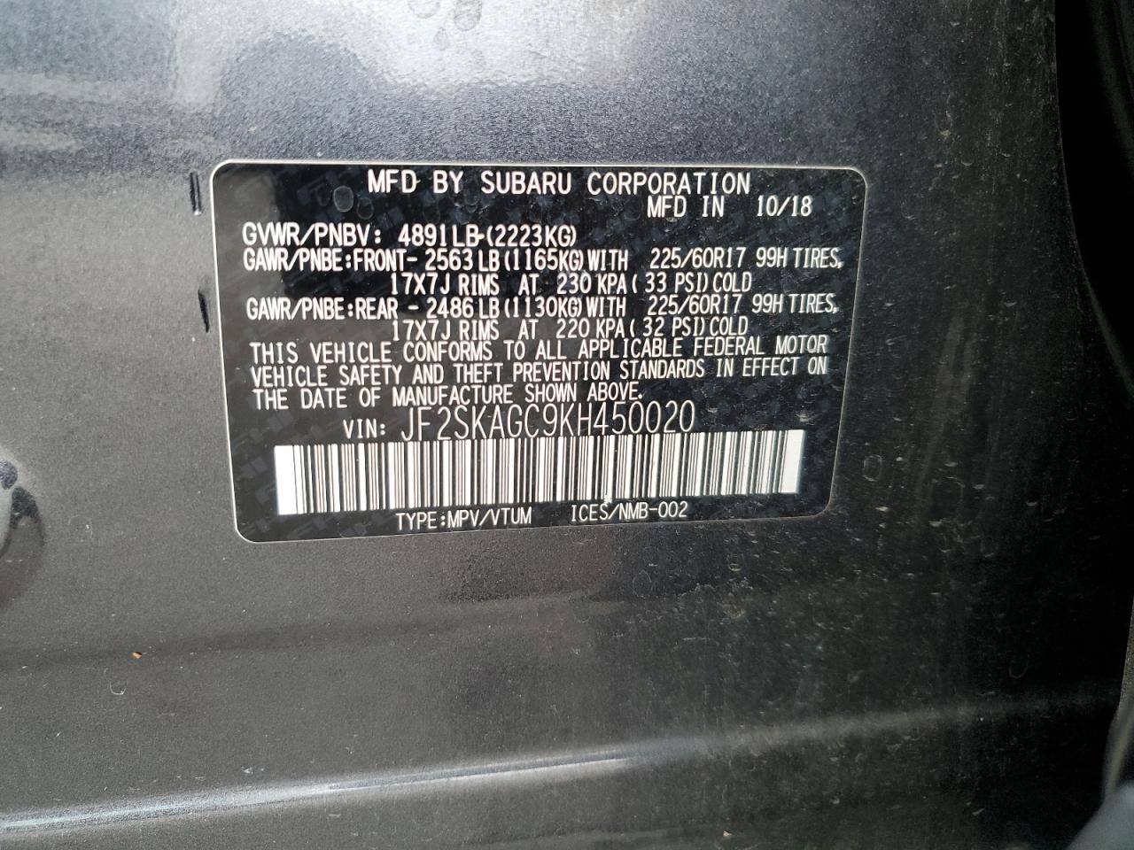2019 Subaru Forester VIN JF2SKAGC9KH450020 Copart auction photo, rear end / front end damage thumbnail 15
