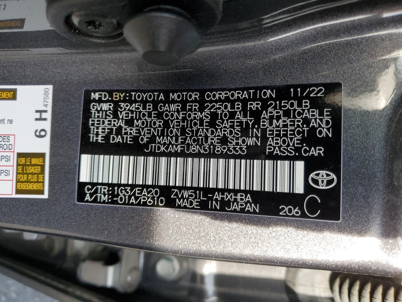 2022 Toyota Prius VIN JTDKAMFU8N3189333 Copart auction photo, front end / side damage thumbnail 15