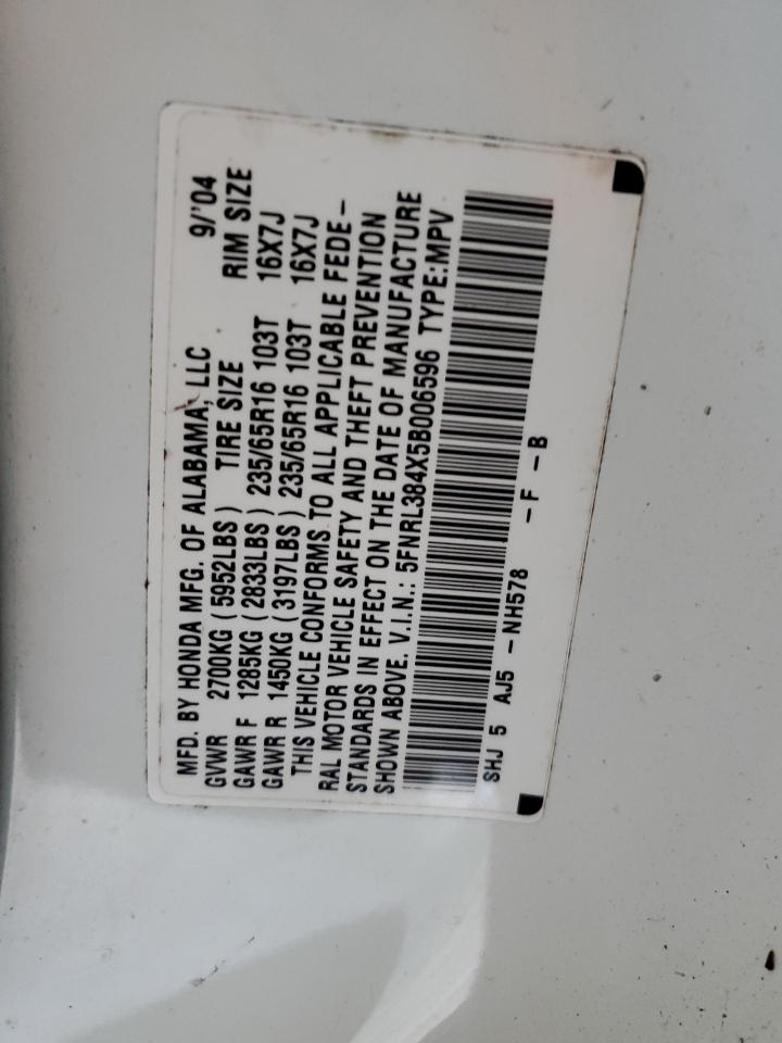 2005 Honda Odyssey VIN 5FNRL384X5B006596 Copart auction photo, side / front end damage thumbnail 13