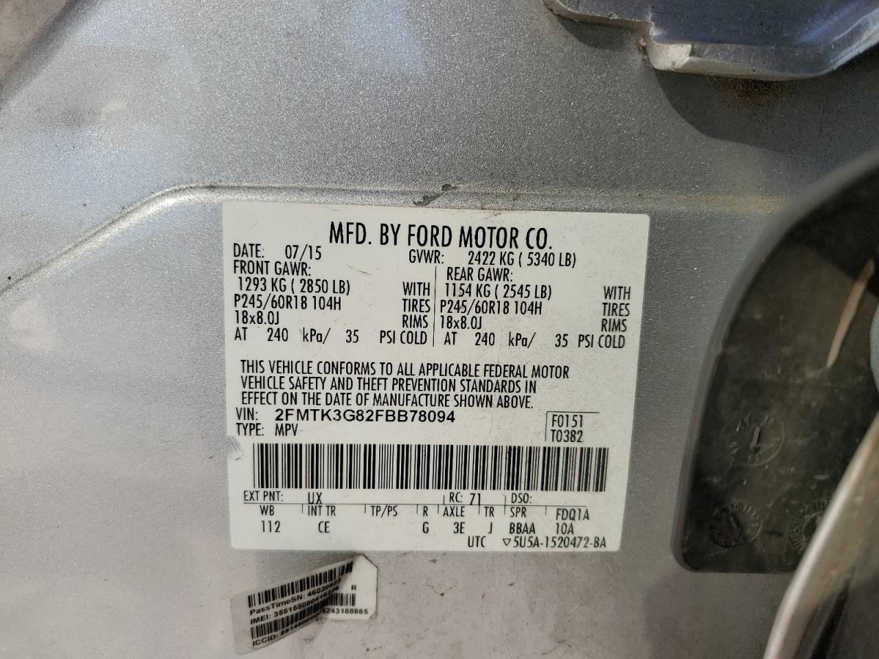 2015 Ford Edge VIN 2FMTK3G82FBB78094 Copart auction photo, rear end / side damage thumbnail 13