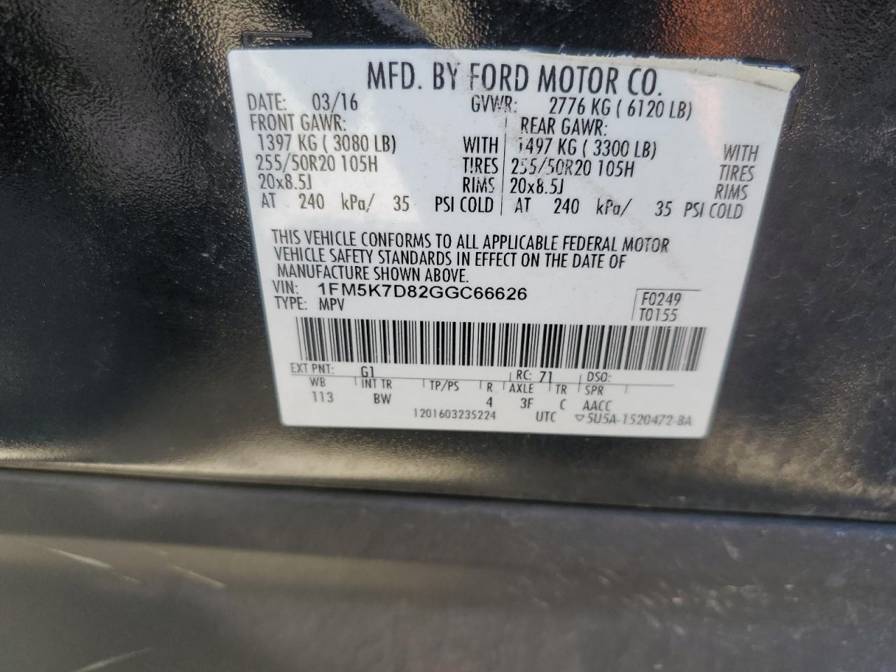 2016 Ford Explorer VIN 1FM5K7D82GGC66626 Copart auction photo, side damage thumbnail 13