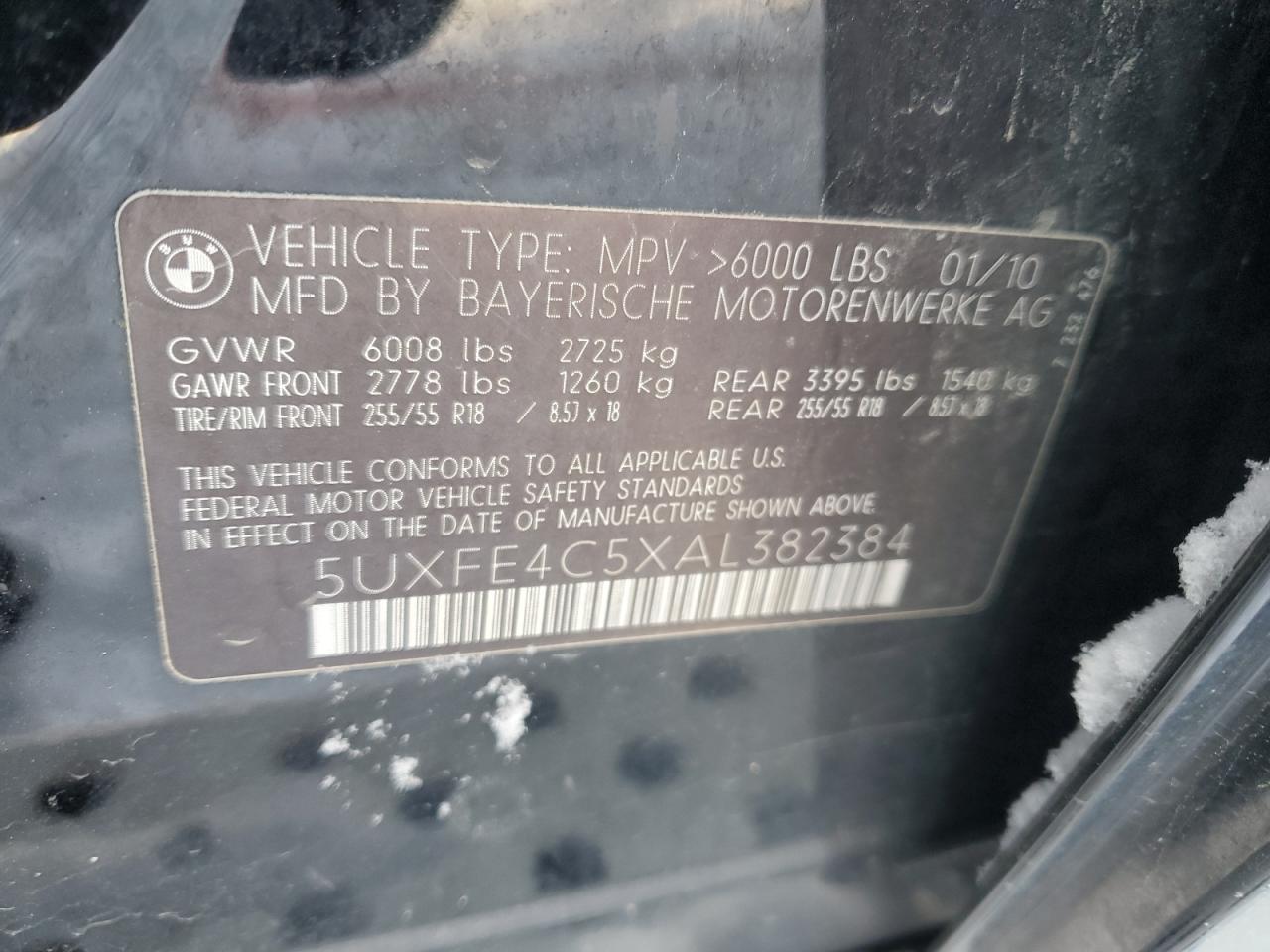 2010 BMW X5 VIN 5UXFE4C5XAL382384 Copart auction photo, front end damage thumbnail 12