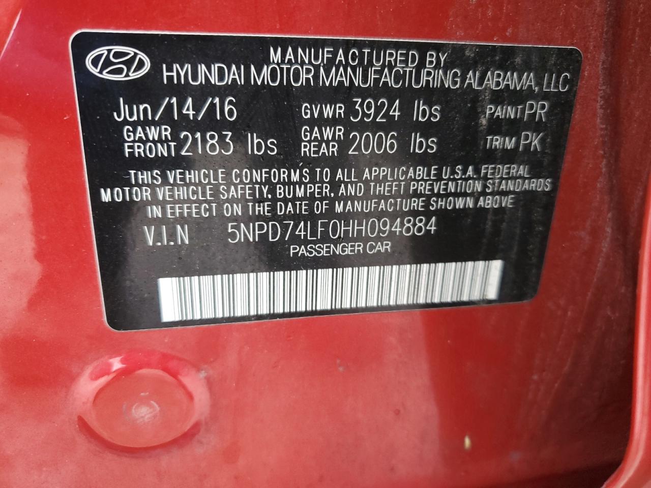 2017 Hyundai Elantra VIN 5NPD74LF0HH094884 Copart auction photo, front end / minor dent/scratches damage thumbnail 12