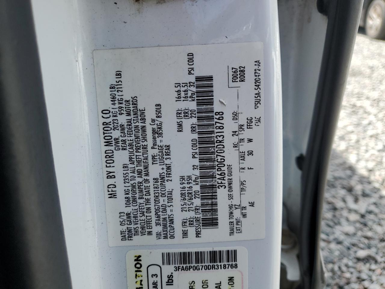 2013 Ford Fusion VIN 3FA6P0G70DR318768 Copart auction photo, rear end / front end damage thumbnail 12