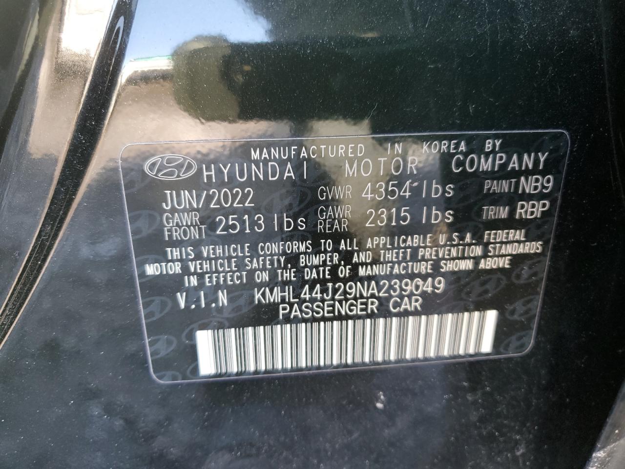 2022 Hyundai Sonata VIN KMHL44J29NA239049 Copart auction photo, front end damage thumbnail 15
