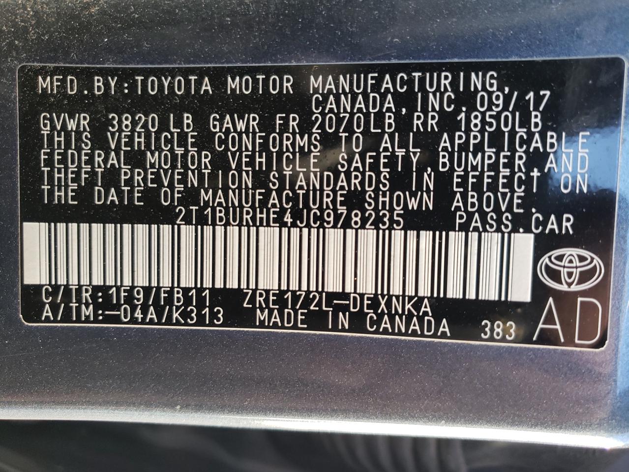 2018 Toyota Corolla VIN 2T1BURHE4JC978235 Copart auction photo, front end / side damage thumbnail 13