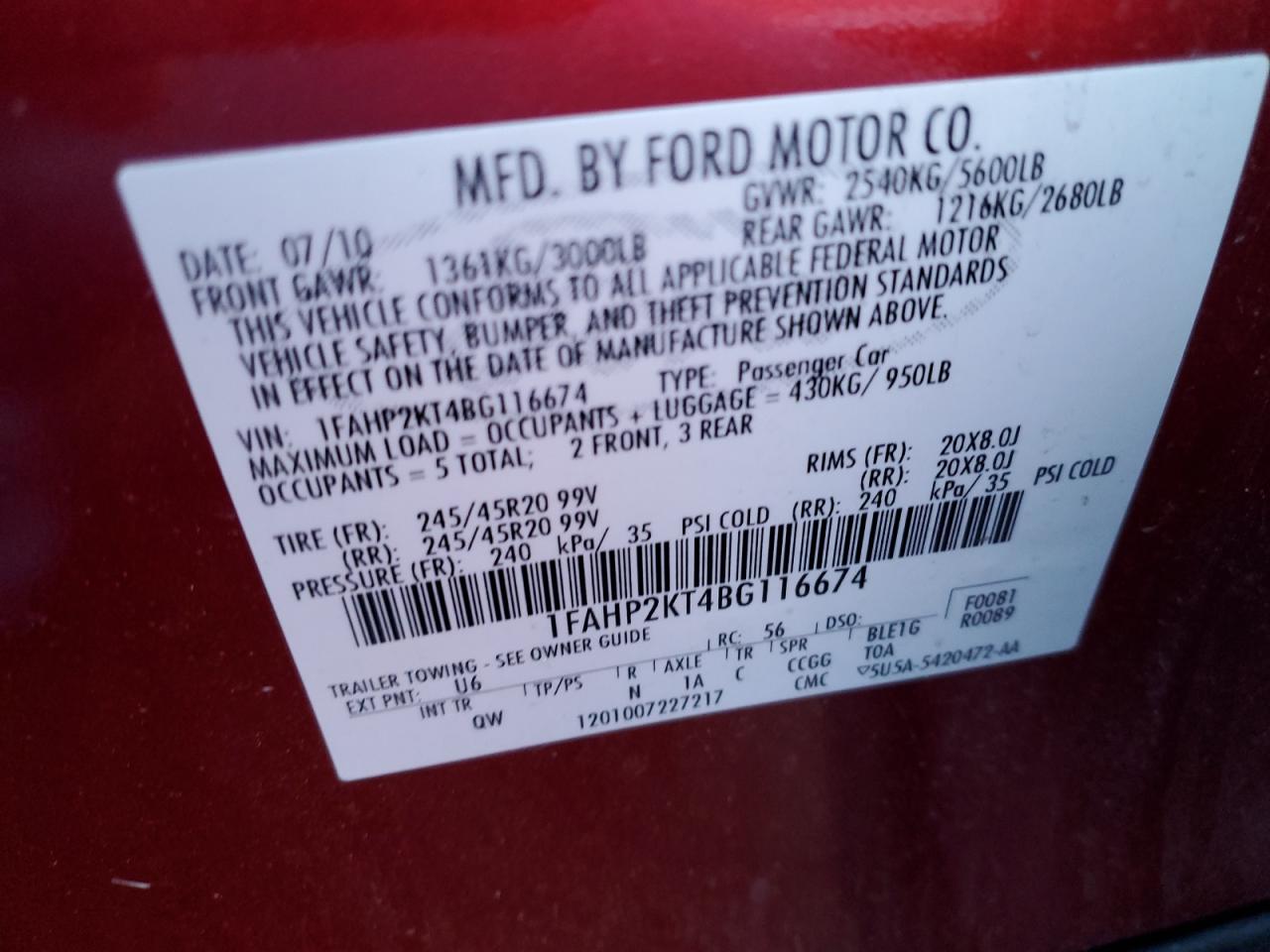 2011 Ford Taurus VIN 1FAHP2KT4BG116674 Copart auction photo, side damage thumbnail 14