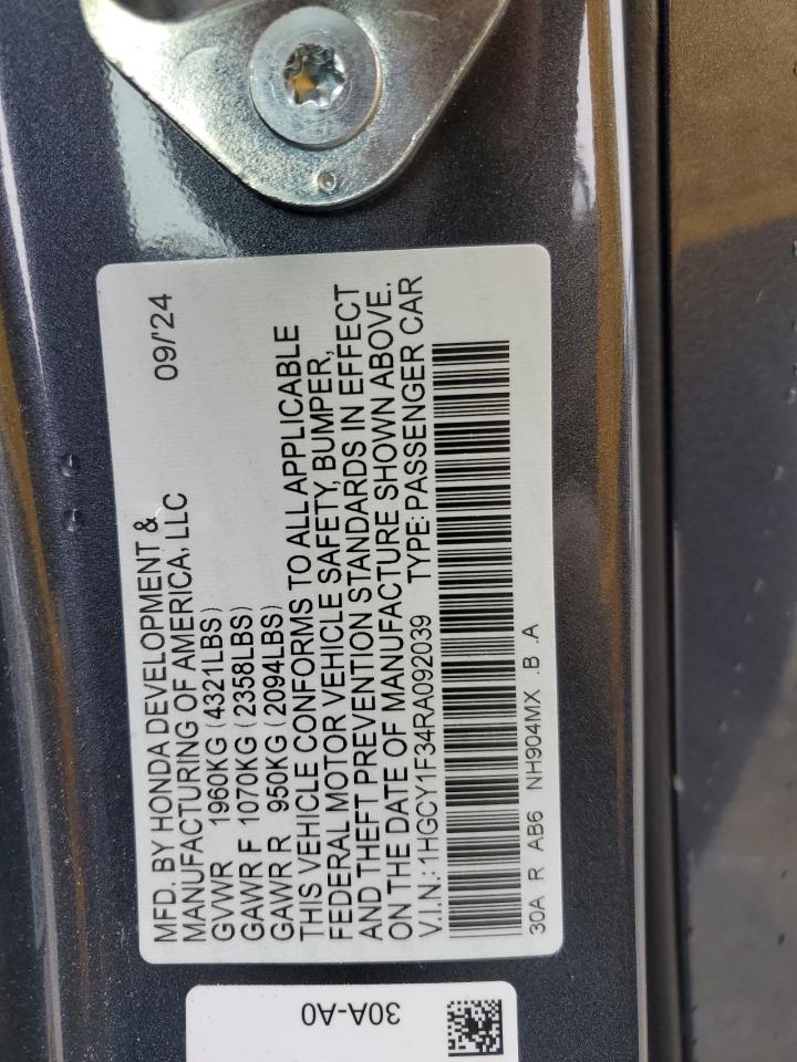 2024 Honda Accord VIN 1HGCY1F34RA092039 Copart auction photo, front end damage thumbnail 14