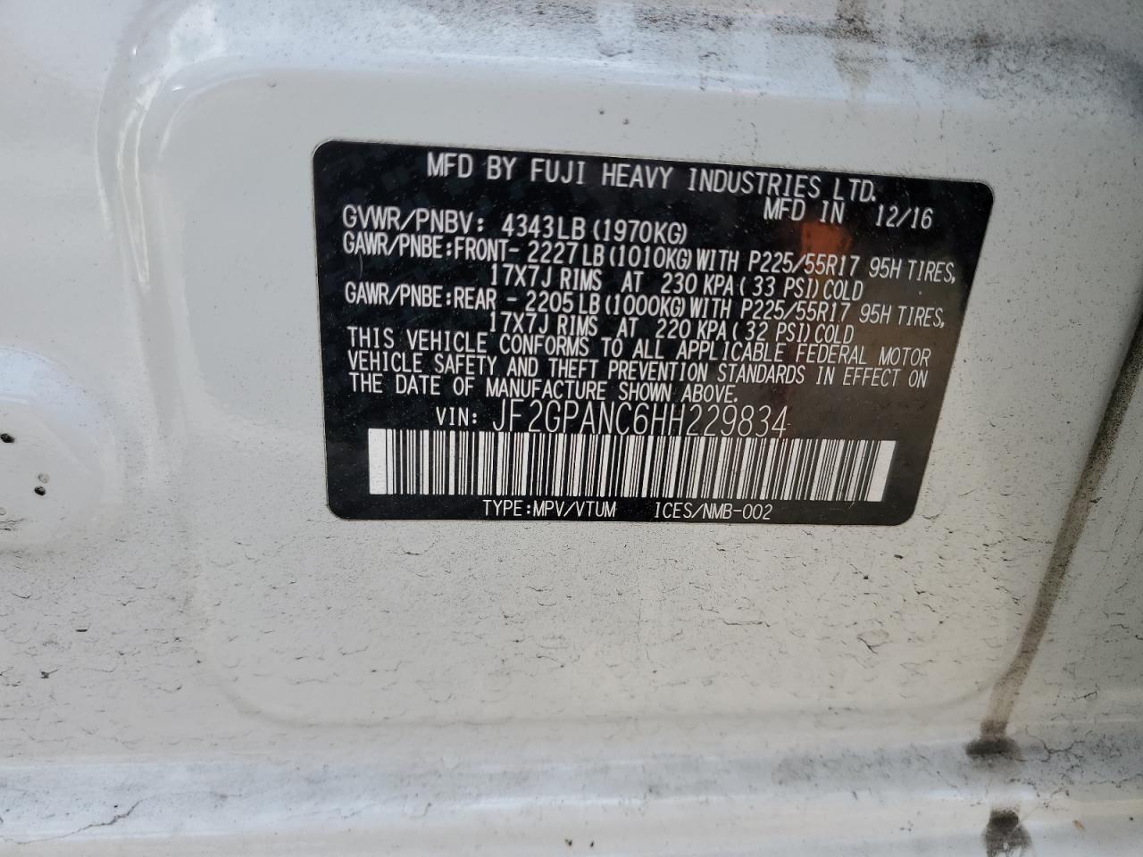 2017 Subaru XV VIN JF2GPANC6HH229834 Copart auction photo, rear end damage thumbnail 14