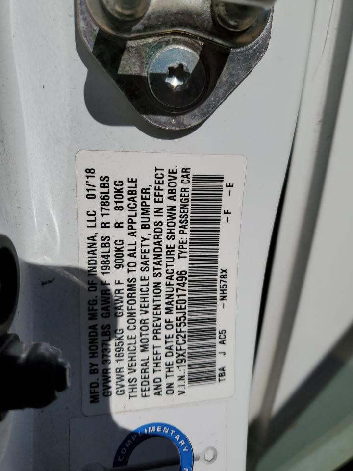 2018 Honda Civic VIN 19XFC2F55JE017496 Copart auction photo, hail / minor dent/scratches damage thumbnail 14