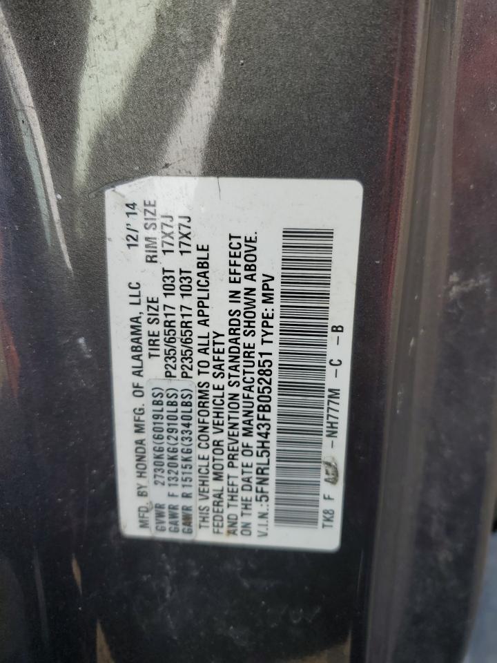 2015 Honda Odyssey VIN 5FNRL5H43FB052851 Copart auction photo, undercarriage / minor dent/scratches damage thumbnail 13