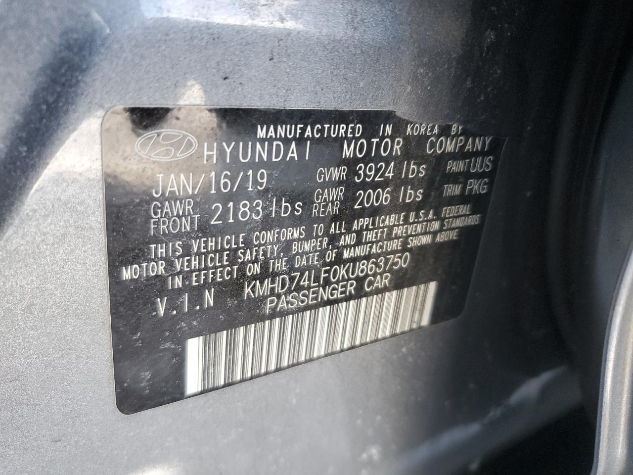 2019 Hyundai Elantra VIN KMHD74LF0KU863750 Copart auction photo, front end damage thumbnail 12