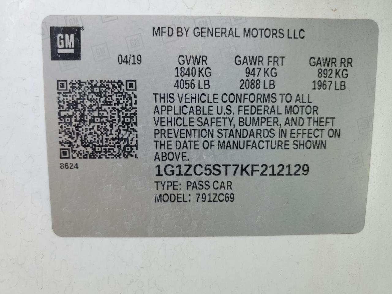 2019 Chevrolet Malibu VIN 1G1ZC5ST7KF212129 Copart auction photo, front end damage thumbnail 13