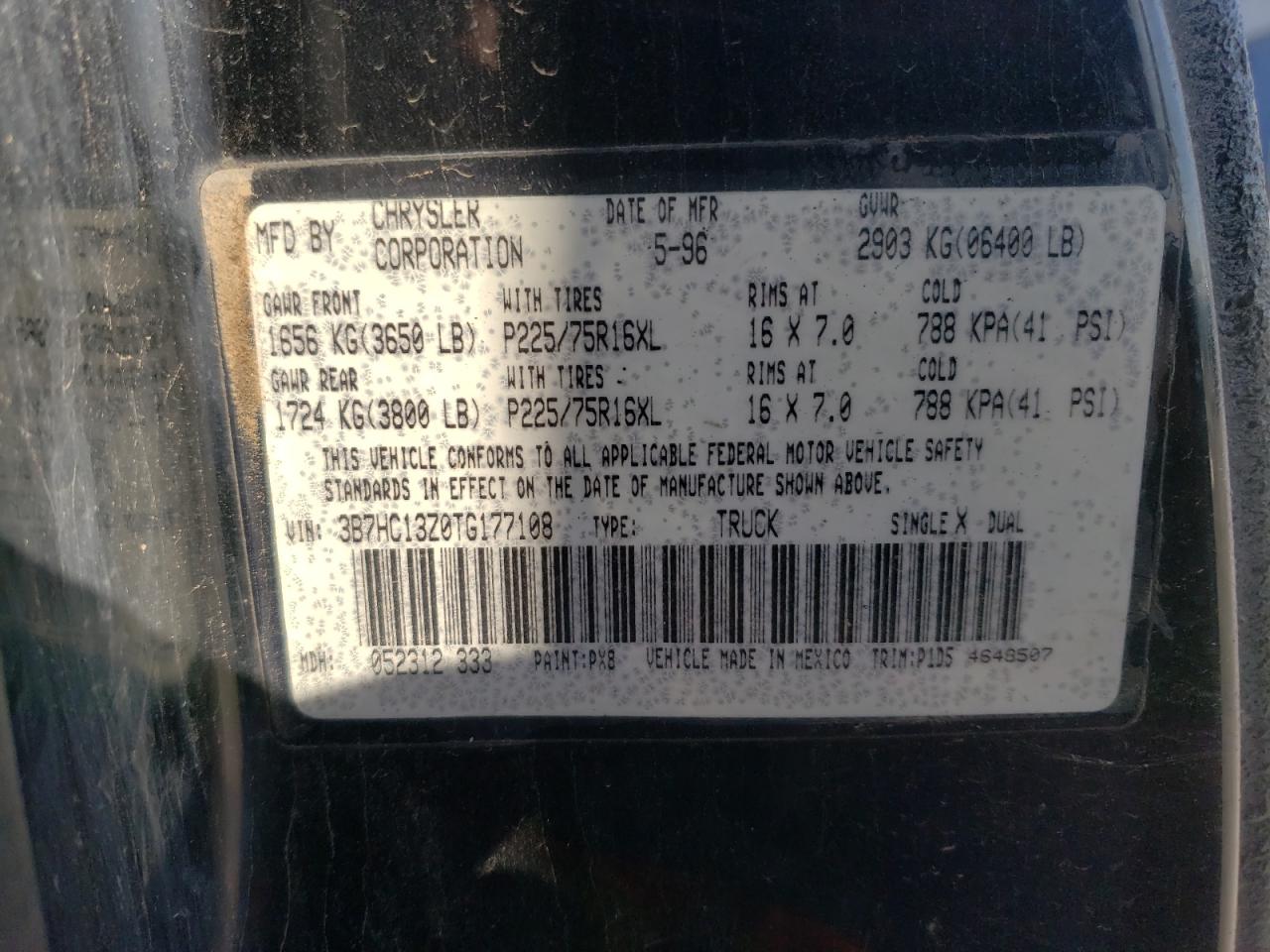 1996 Dodge RAM VIN 3B7HC13Z0TG177108 Copart auction photo, front end / rear end damage thumbnail 12