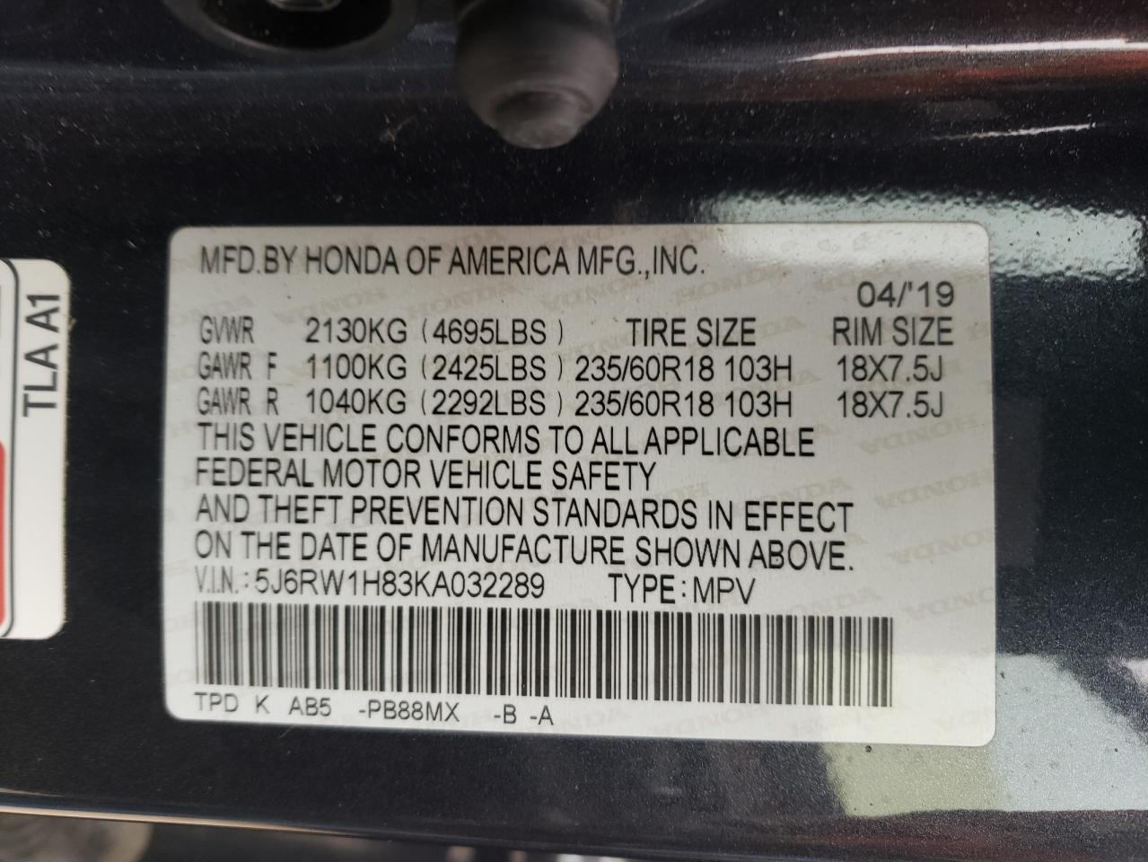 2019 Honda CR-V VIN 5J6RW1H83KA032289 Copart auction photo, front end damage thumbnail 12