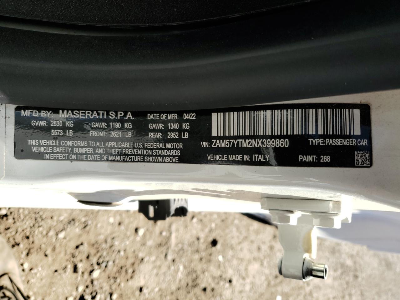 2022 Maserati Ghibli VIN ZAM57YTM2NX399860 Copart auction photo, all over damage thumbnail 13