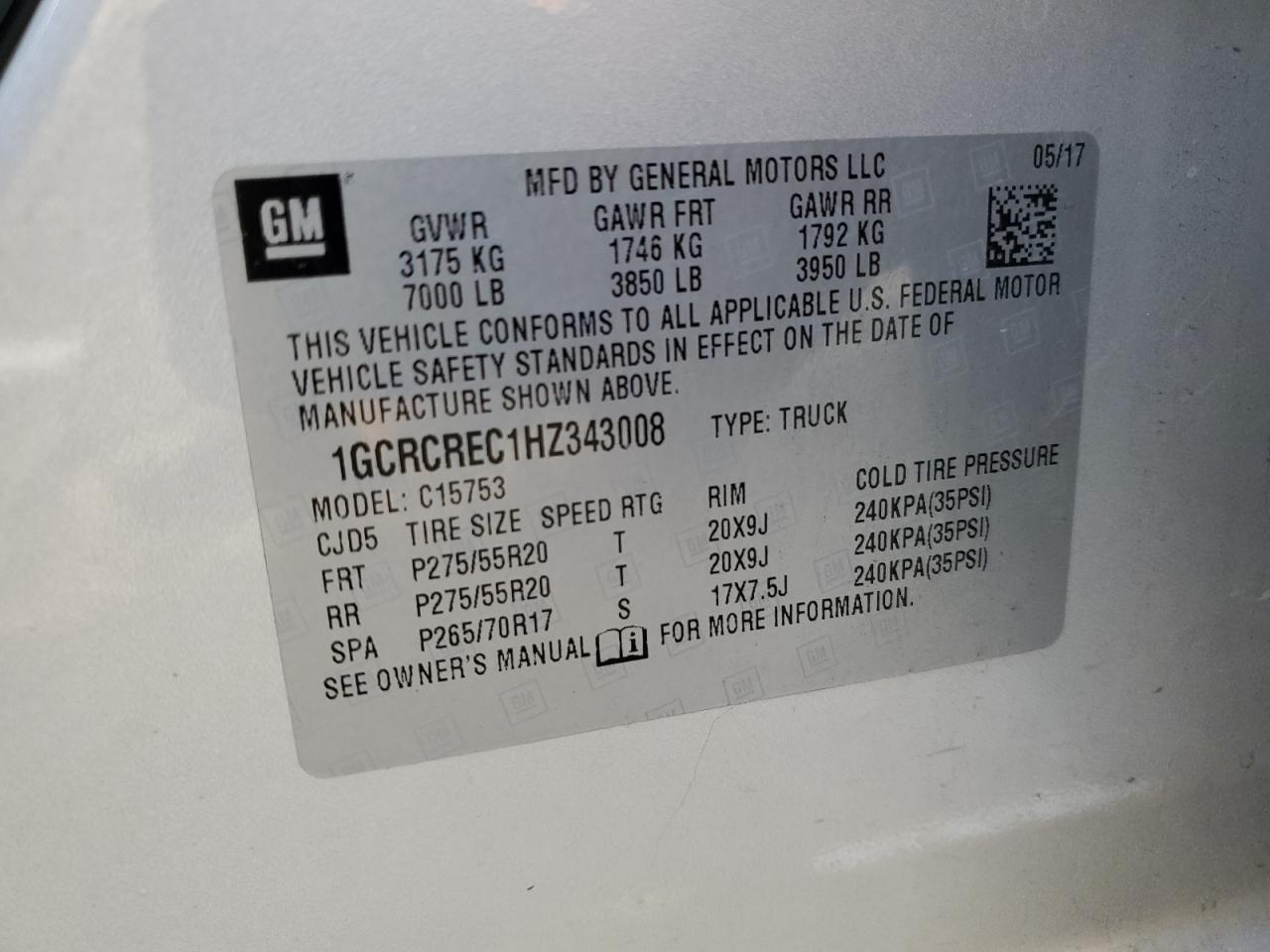 2017 Chevrolet Silverado VIN 1GCRCREC1HZ343008 Copart auction photo, all over damage thumbnail 12