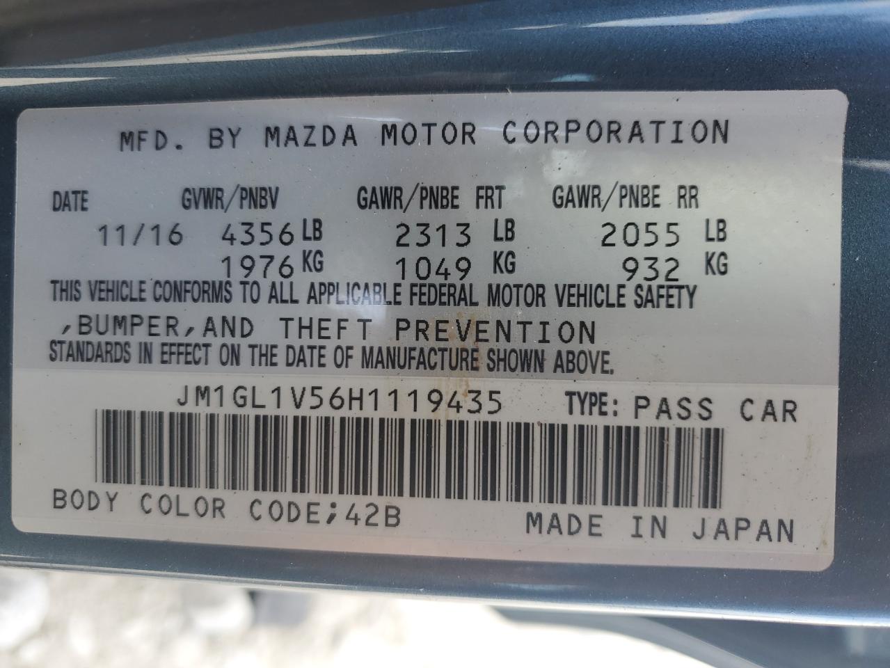 2017 Mazda 6 VIN JM1GL1V56H1119435 Copart auction photo, all over damage thumbnail 13