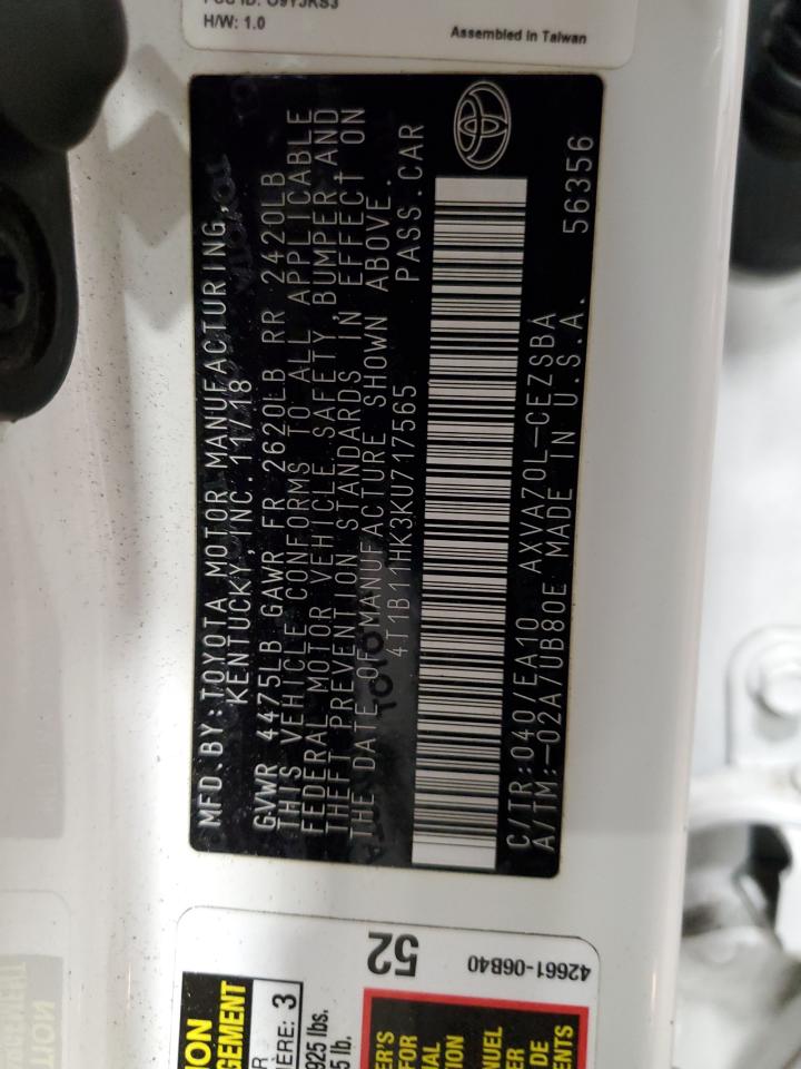2019 Toyota Camry VIN 4T1B11HK3KU717565 Copart auction photo, front end / side damage thumbnail 13