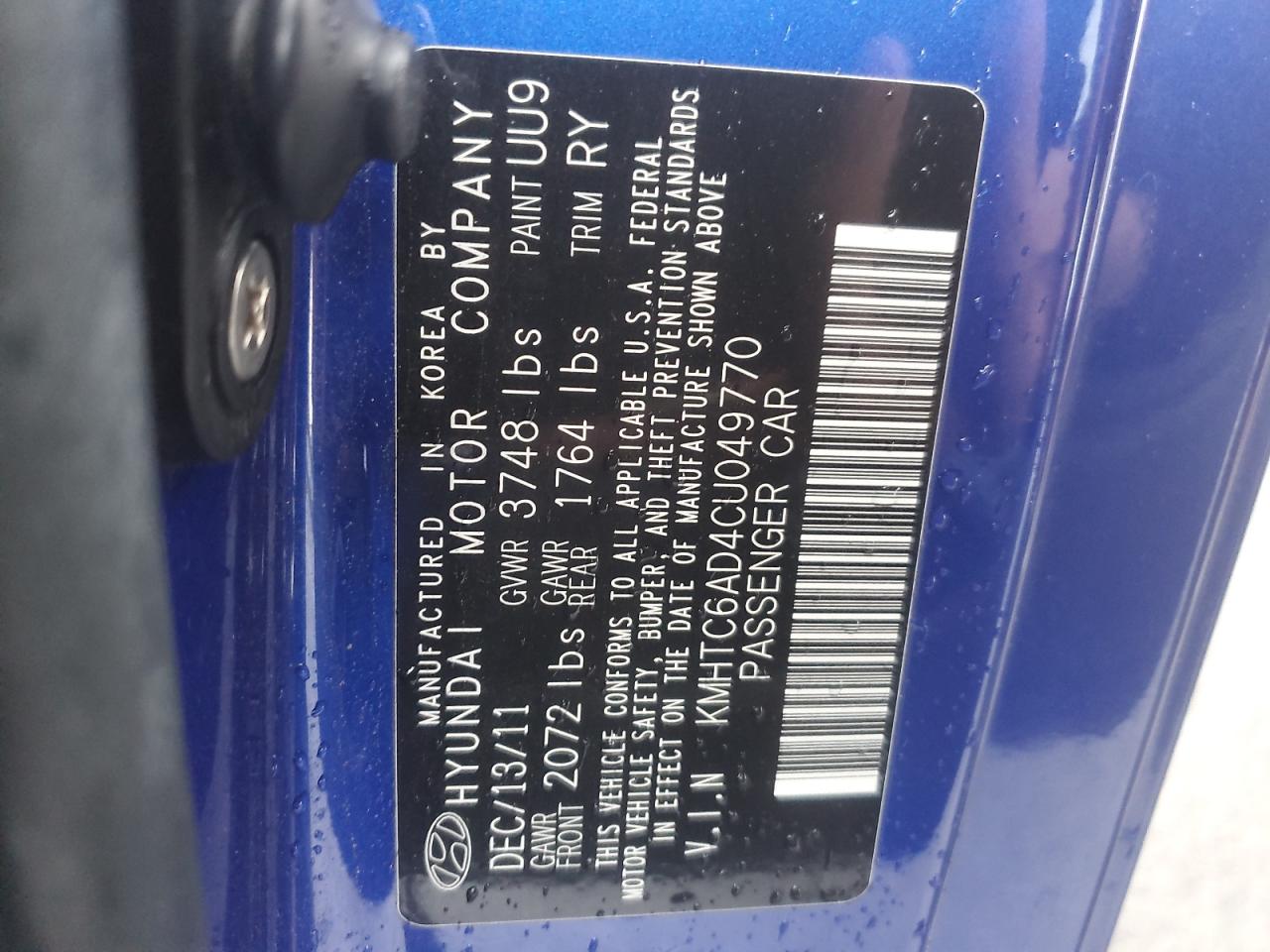2012 Hyundai Veloster VIN KMHTC6AD4CU049770 Copart auction photo, side / all over damage thumbnail 12