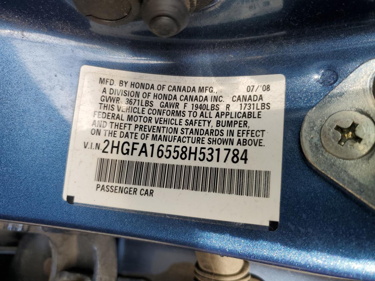 2008 Honda Civic VIN 2HGFA16558H531784 Copart auction photo, front end damage thumbnail 13