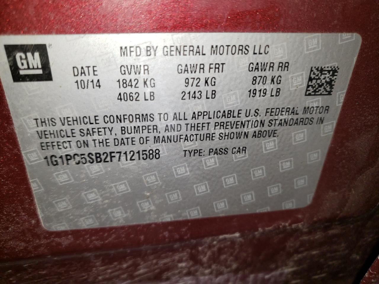 2015 Chevrolet Cruze VIN 1G1PC5SB2F7121588 Copart auction photo, all over damage thumbnail 12