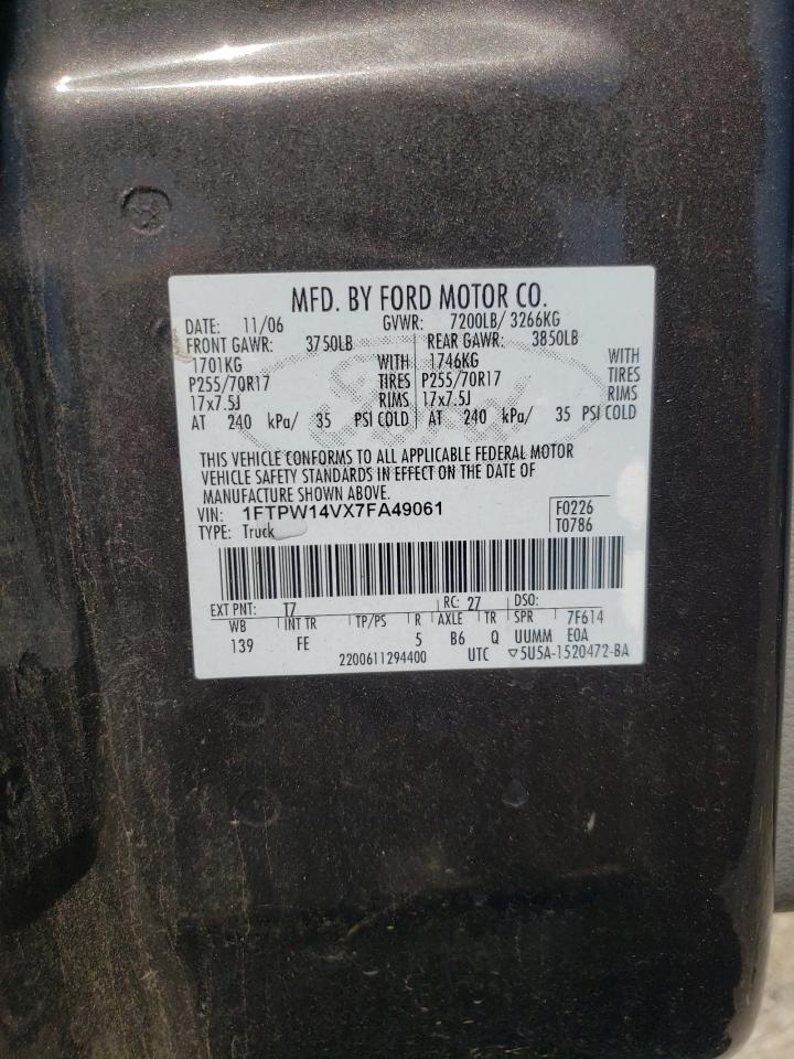 2007 Ford F-150 VIN 1FTPW14VX7FA49061 Copart auction photo, front end damage thumbnail 14