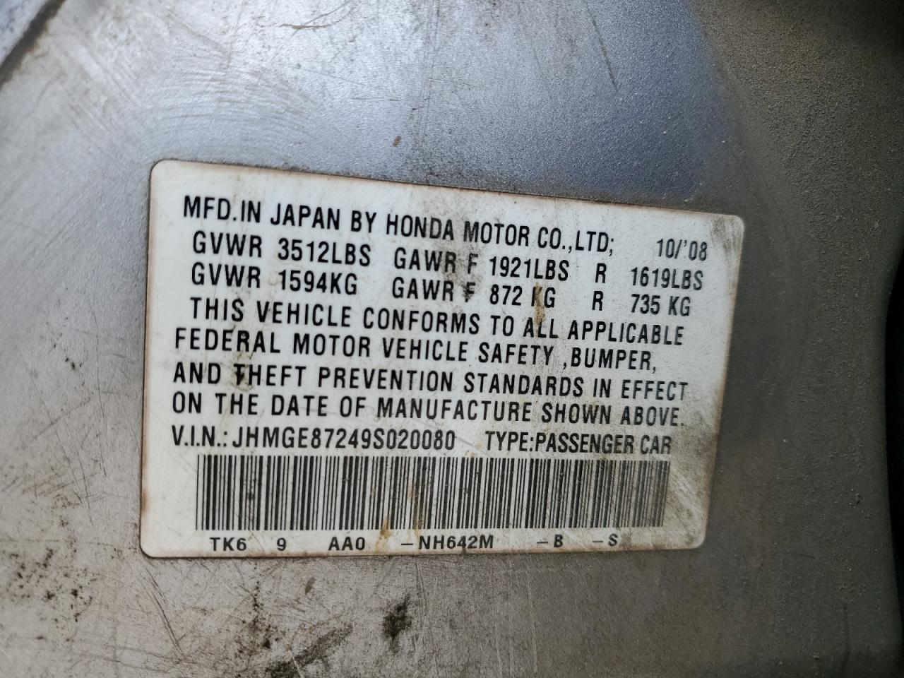 2009 Honda Fit VIN JHMGE87249S020080 Copart auction photo, front end damage thumbnail 14