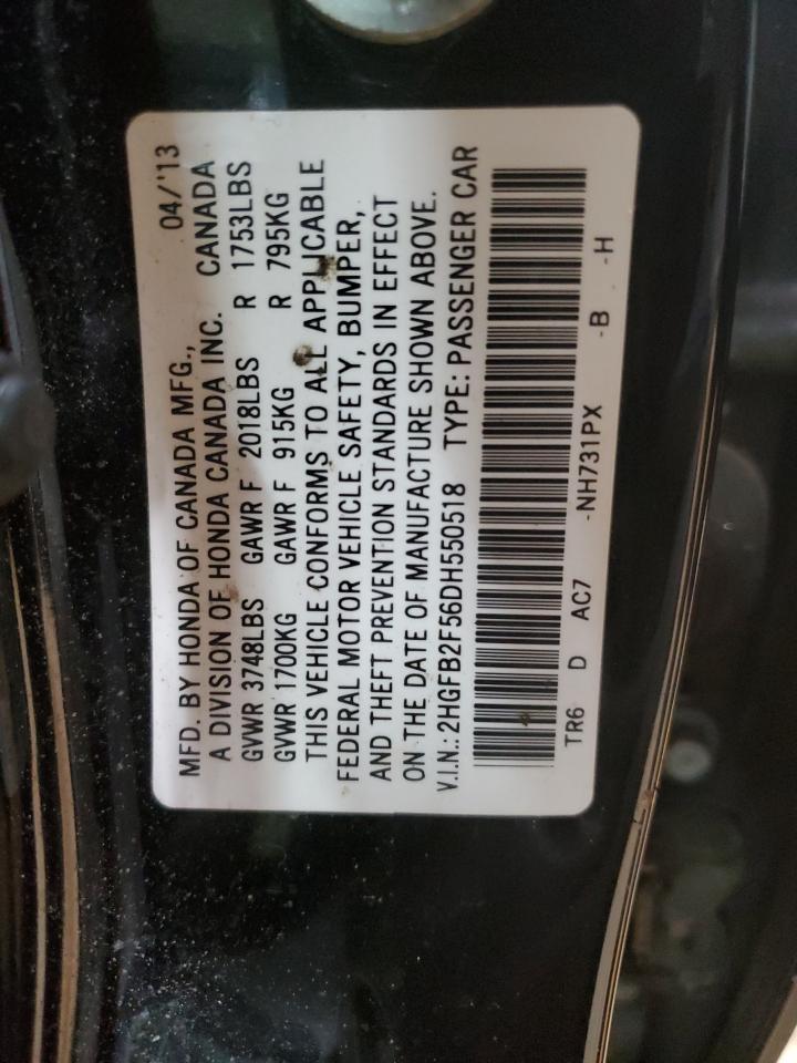2013 Honda Civic VIN 2HGFB2F56DH550518 Copart auction photo, front end / rear end damage thumbnail 13