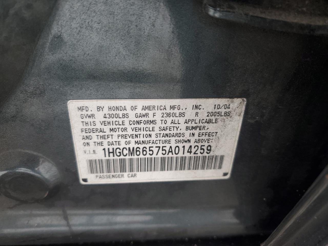 2005 Honda Accord VIN 1HGCM66575A014259 Copart auction photo, front end / side damage thumbnail 14
