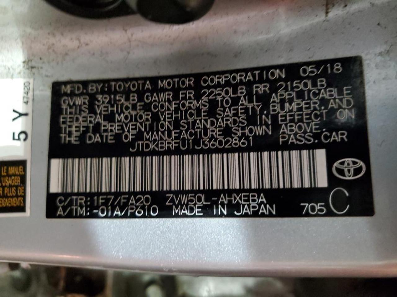 2018 Toyota Prius VIN JTDKBRFU1J3602861 Copart auction photo, front end / side damage thumbnail 12