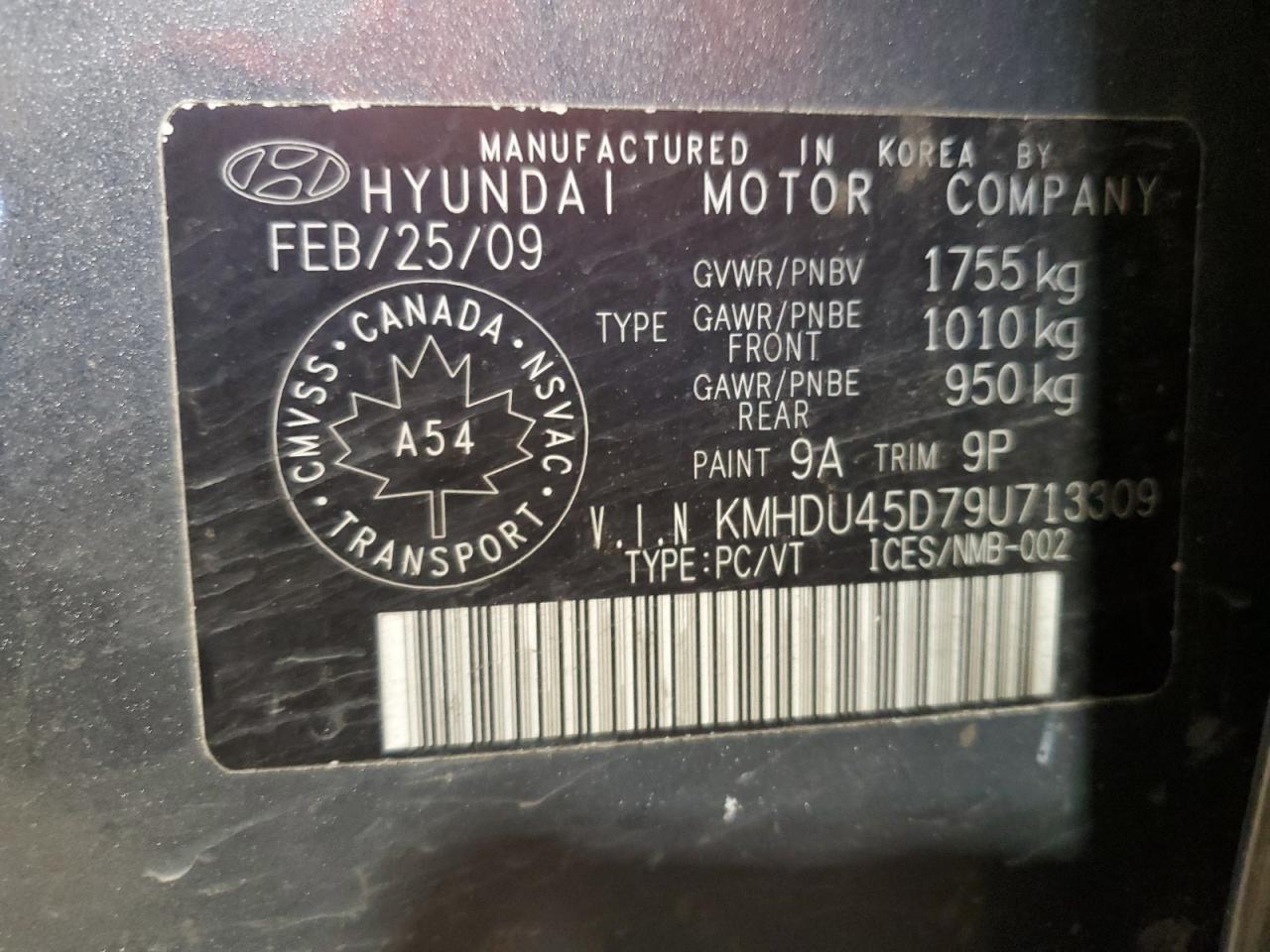 2009 Hyundai Elantra VIN KMHDU45D79U713309 Copart auction photo, front end / undercarriage damage thumbnail 13