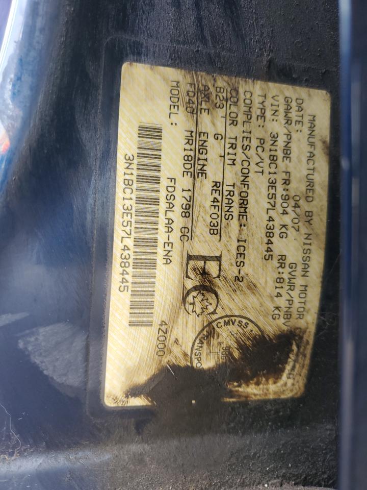 2007 Nissan Versa VIN 3N1BC13E57L438445 Copart auction photo, front end / side damage thumbnail 12
