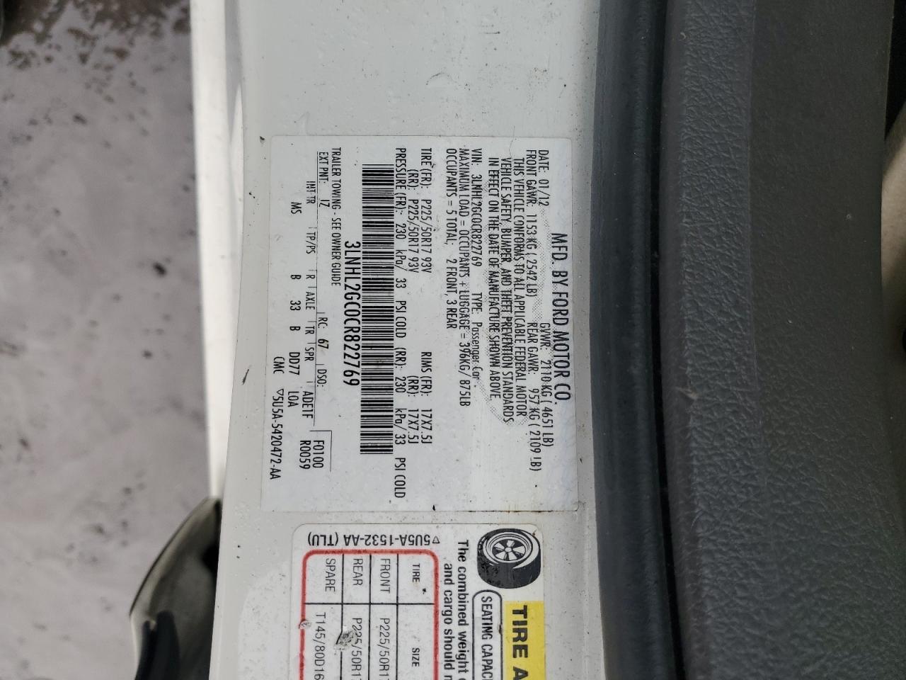 2012 Lincoln MKZ VIN 3LNHL2GC0CR822769 Copart auction photo, front end / side damage thumbnail 12