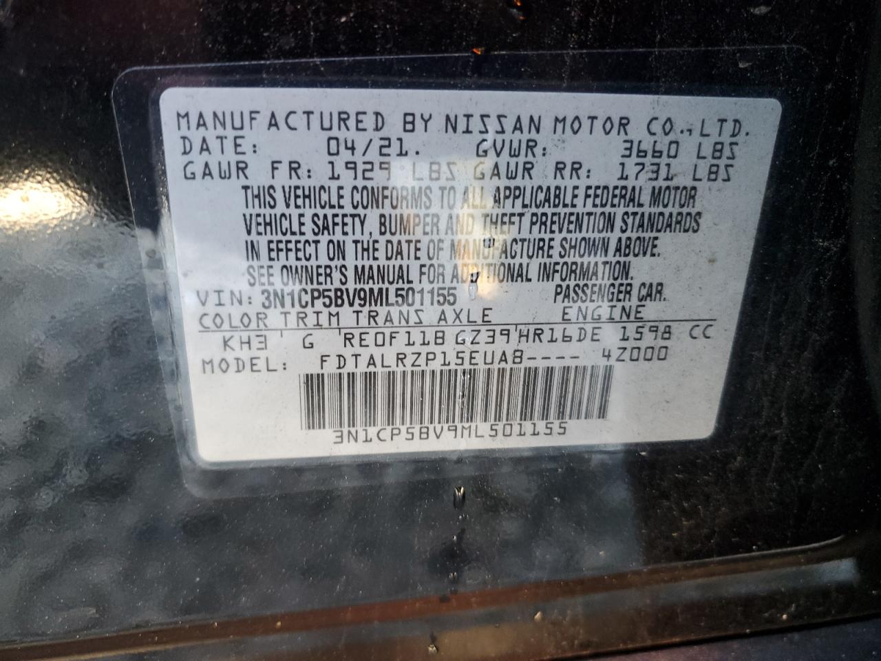 2021 Nissan Kicks VIN 3N1CP5BV9ML501155 Copart auction photo, front end damage thumbnail 14