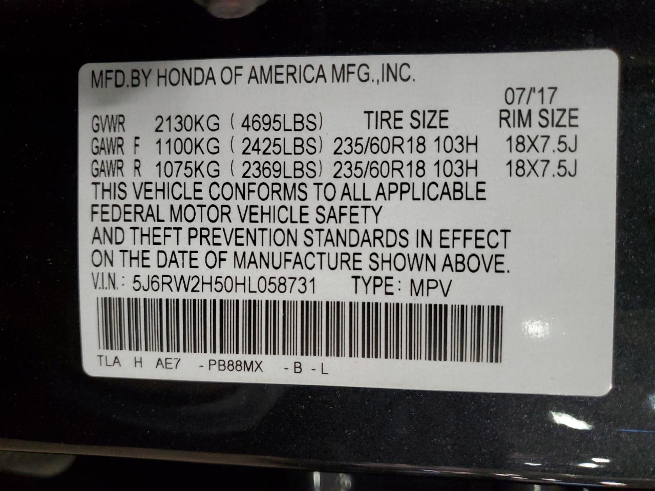 2017 Honda CR-V VIN 5J6RW2H50HL058731 Copart auction photo, rear end damage thumbnail 14
