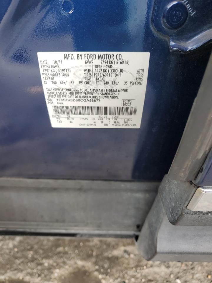 2012 Ford Explorer VIN 1FMHK8D80CGA56877 Copart auction photo, front end / side damage thumbnail 14
