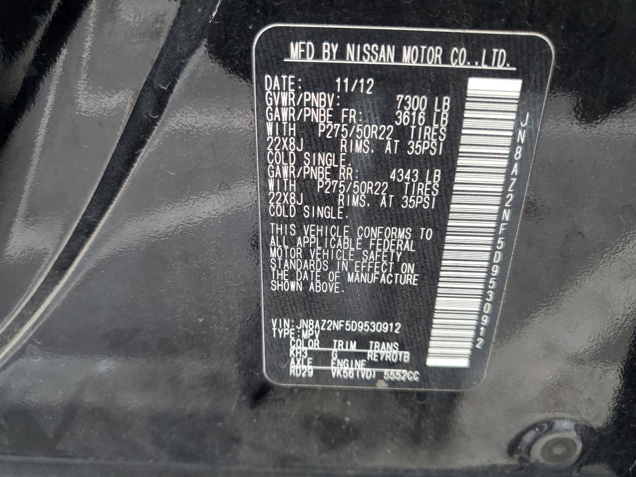 2013 Infiniti QX56 VIN JN8AZ2NF5D9530912 Copart auction photo, rear end damage thumbnail 13