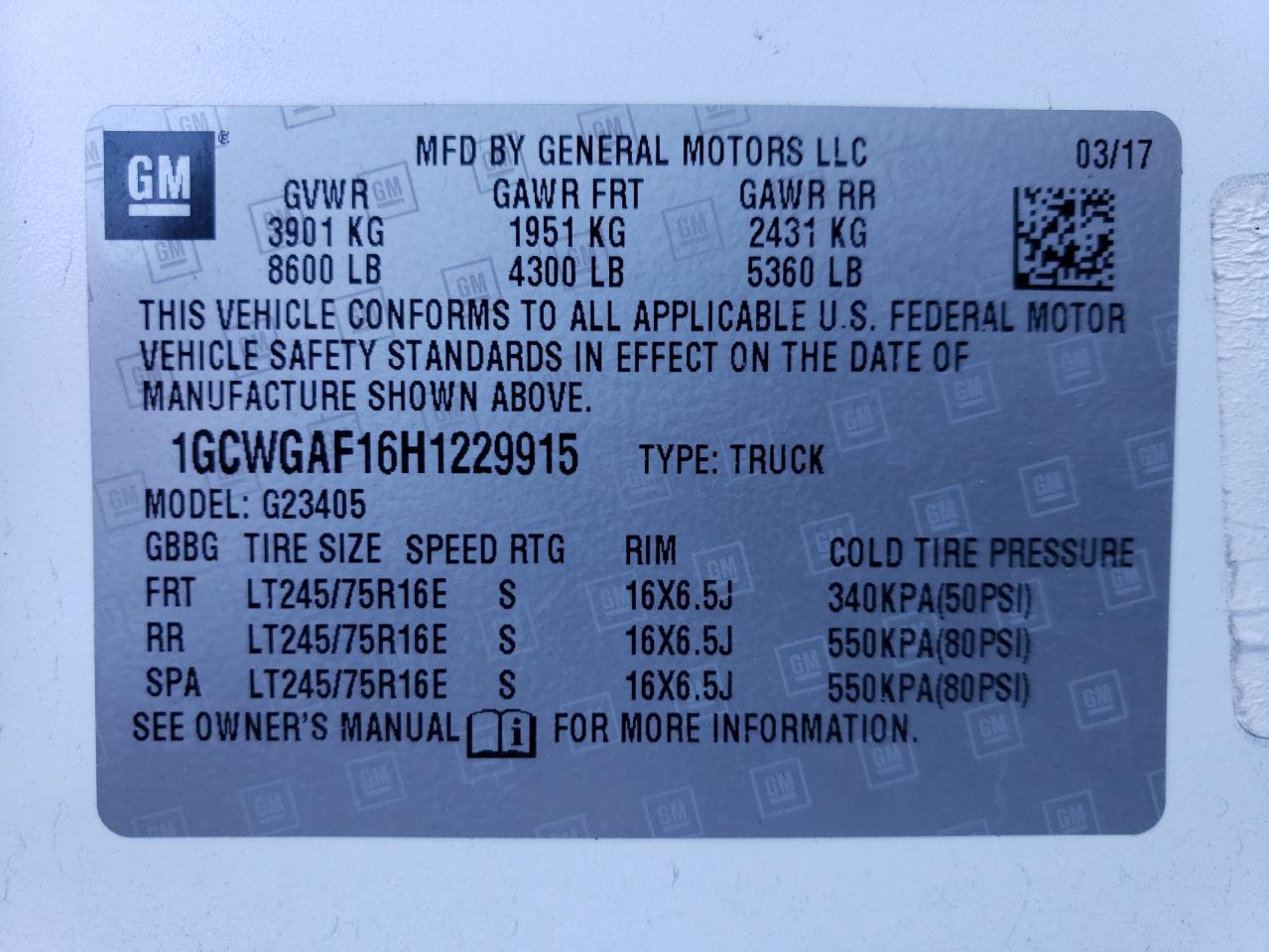 2017 Chevrolet Express VIN 1GCWGAF16H1229915 Copart auction photo, front end / minor dent/scratches damage thumbnail 14