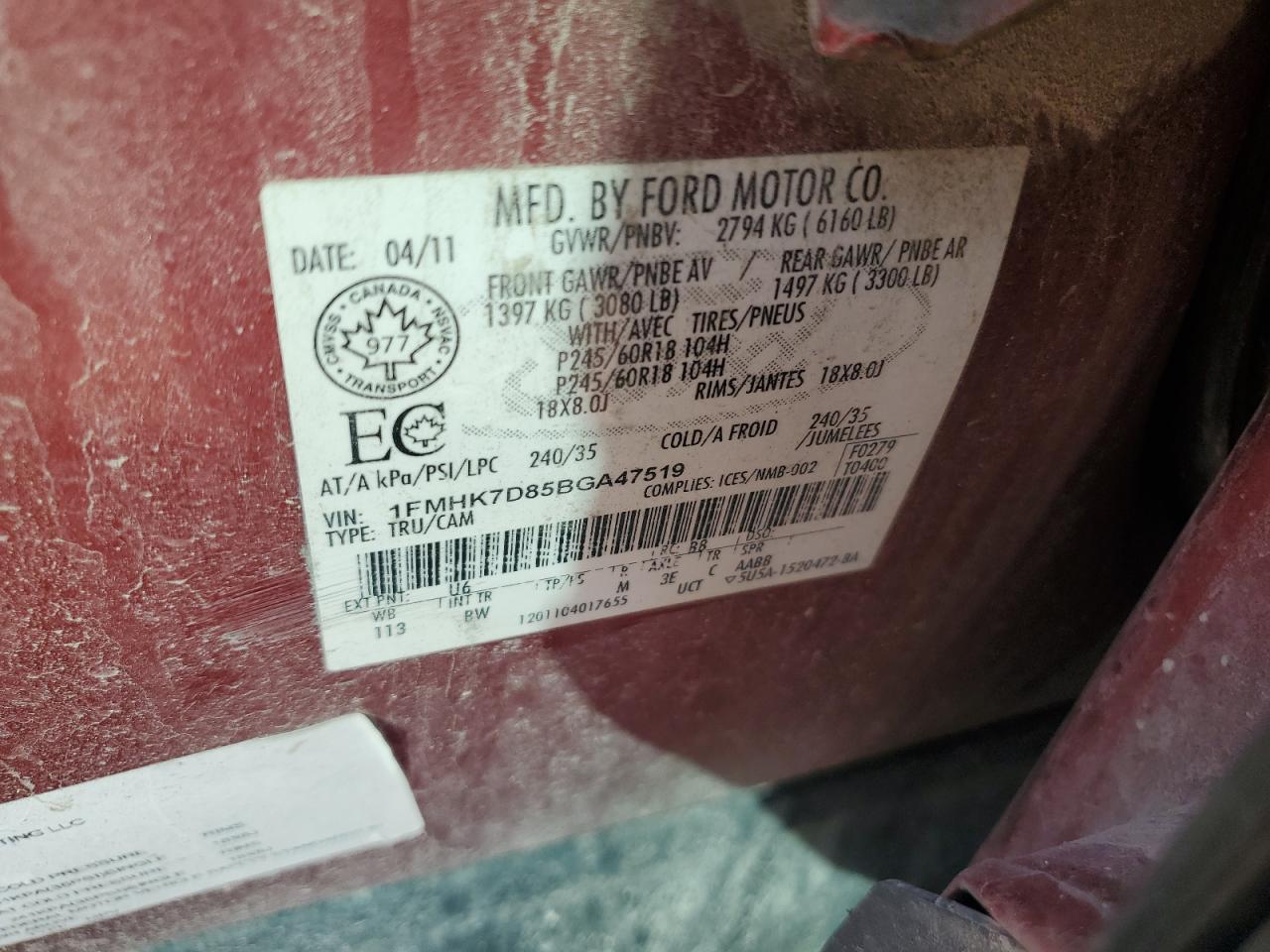 2011 Ford Explorer VIN 1FMHK7D85BGA47519 Copart auction photo, rear end / side damage thumbnail 13