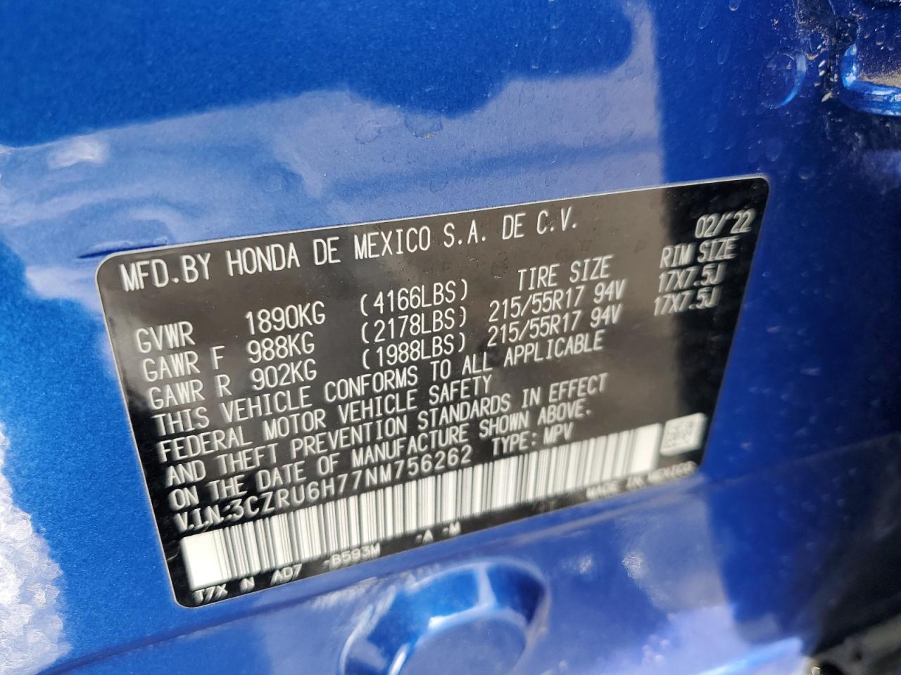 2022 Honda HR-V VIN 3CZRU6H77NM756262 Copart auction photo, front end damage thumbnail 14