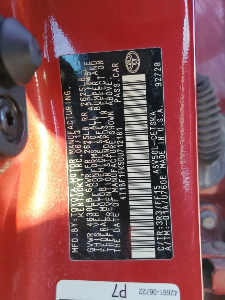 2013 Toyota Camry VIN 4T1BF1FK5DU712181 Copart auction photo, side damage thumbnail 12