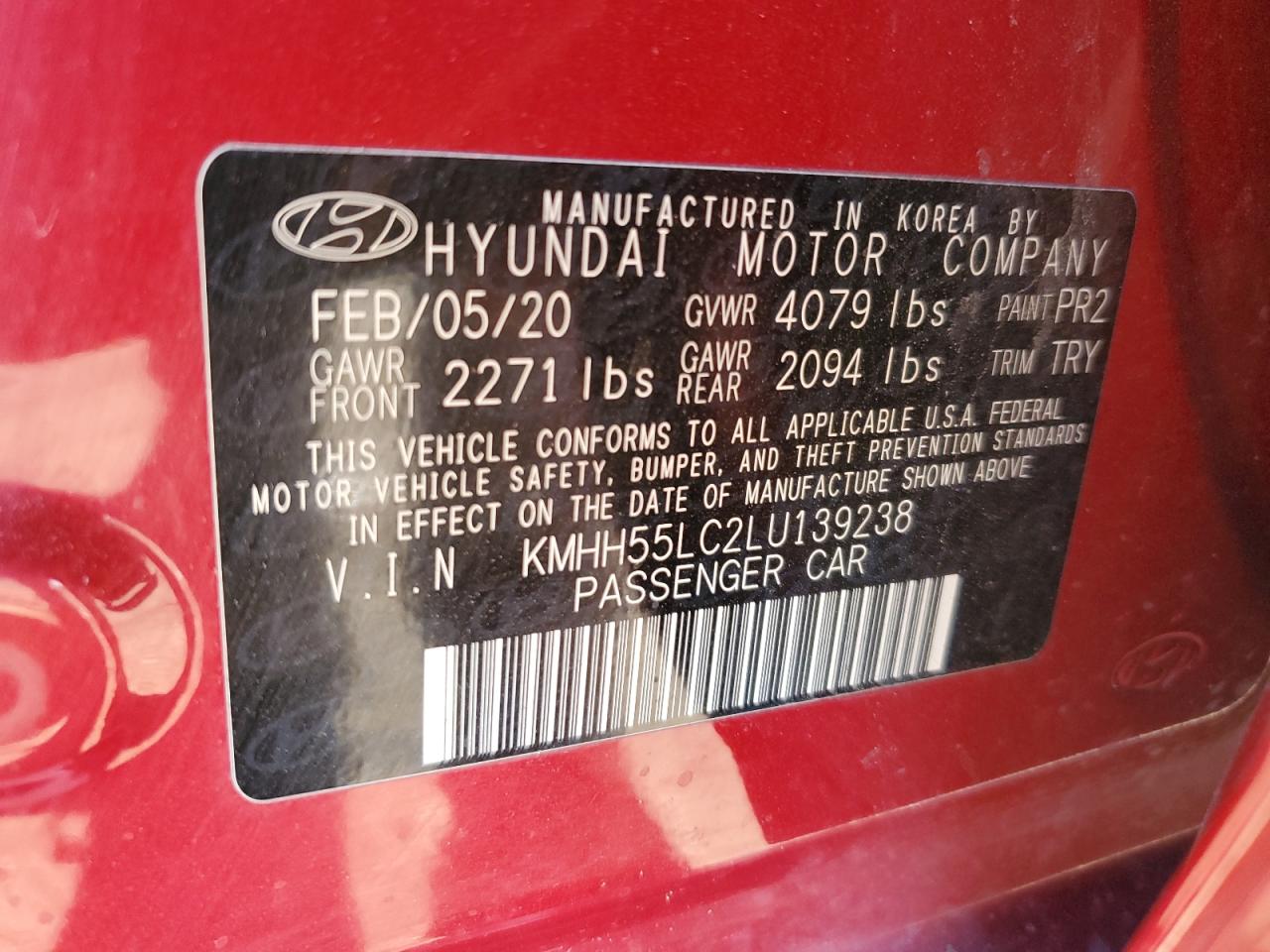 2020 Hyundai Elantra VIN KMHH55LC2LU139238 Copart auction photo, front end damage thumbnail 12