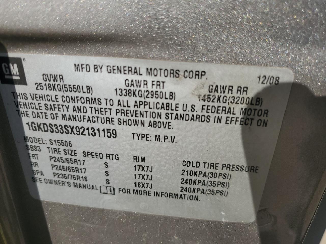 2009 GMC Envoy VIN 1GKDS33SX92131159 Copart auction photo, all over damage thumbnail 14